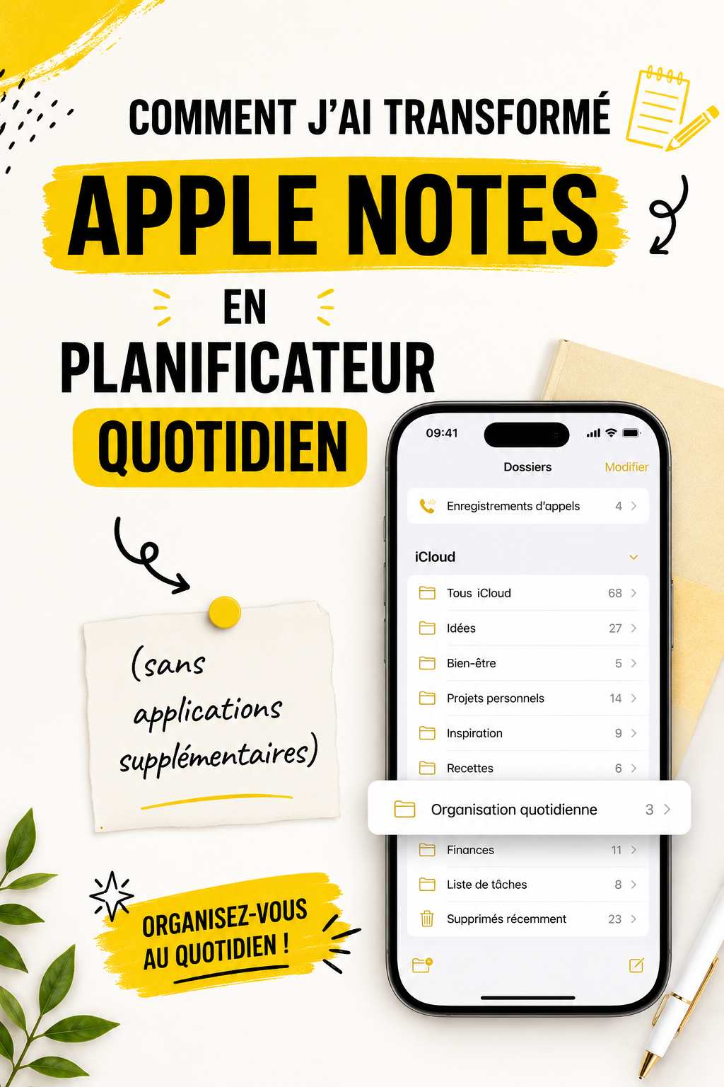 Capture d'écran d'un planner quotidien sur Apple Notes mettant en valeur l'organisation