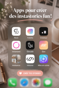 Capture d'écran d'une appli de création de stories Instagram avec des effets visuels colorés.