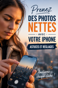 Un iPhone tenant un appareil photo, montrant des réglages pour prendre des photos nettes.