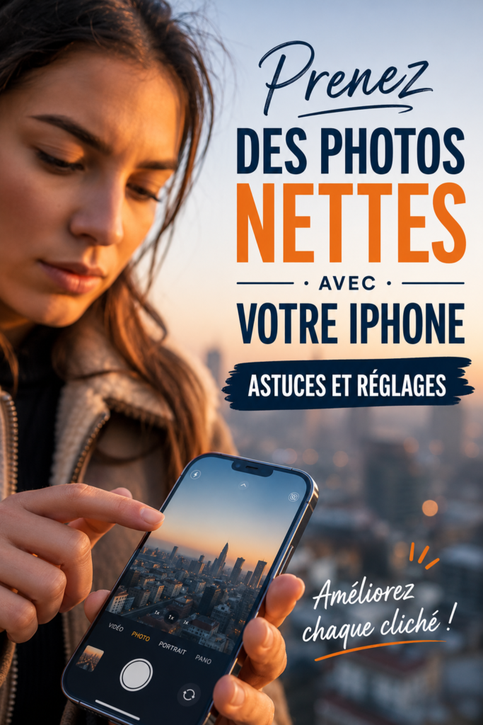 Un iPhone tenant un appareil photo, montrant des réglages pour prendre des photos nettes.
