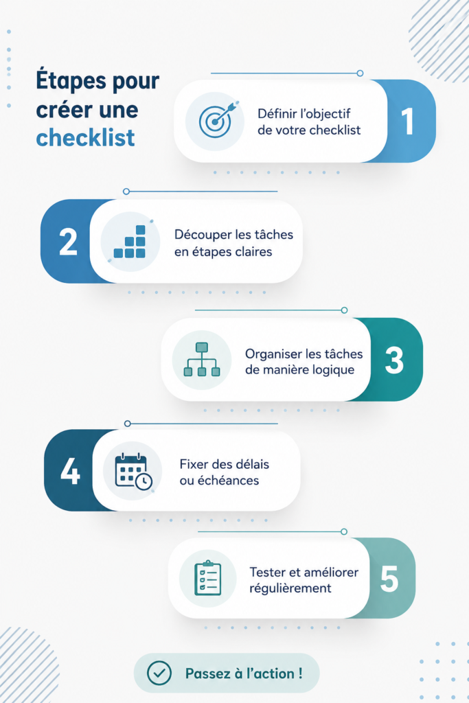 Image représentant une checklist avec des cases à cocher et des stylos, illustrant la création d'une checklist efficace.