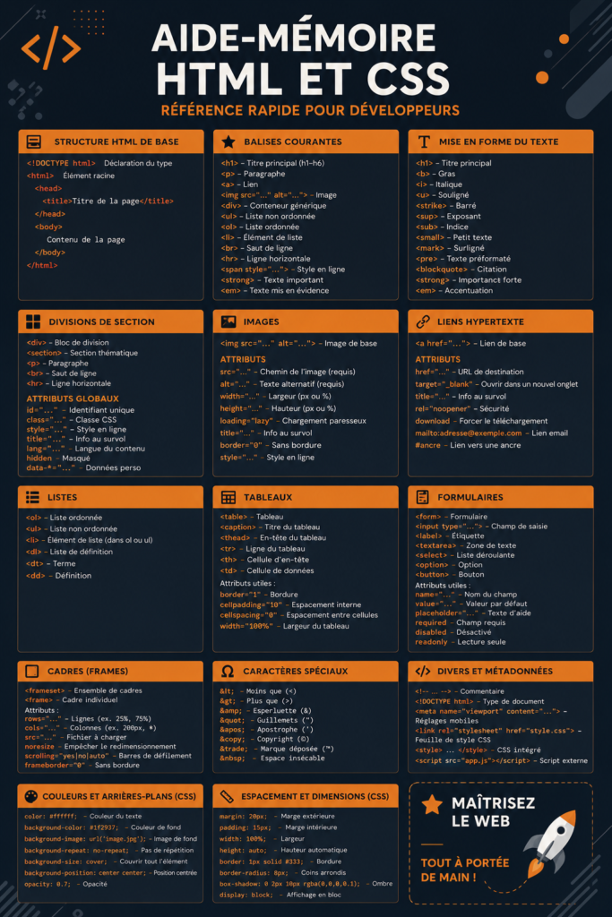 Feuille de triche illustrant les bases du HTML et du CSS pour débutants