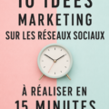Une femme travaillant sur son ordinateur avec des graphiques de marketing sur les réseaux sociaux en arrière-plan.