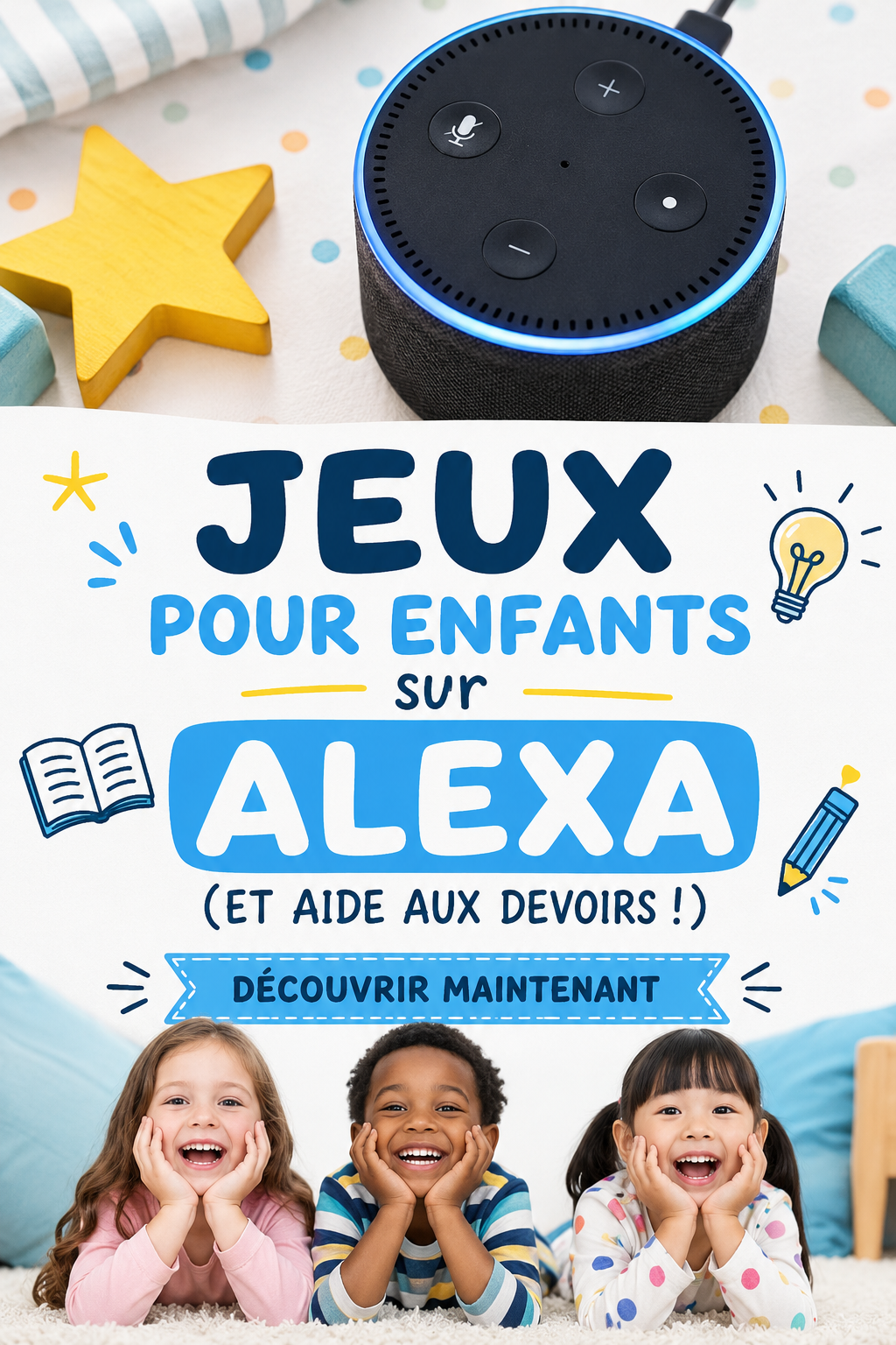 Enfants jouant avec Alexa, sourires aux lèvres.