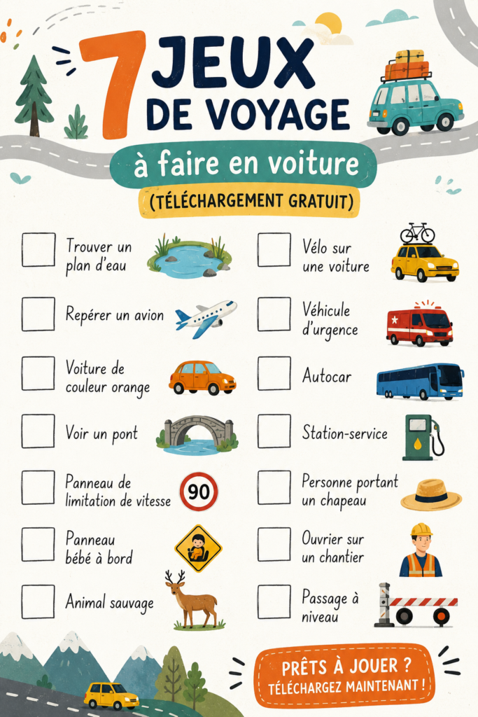 Famille jouant à des jeux de route pendant un voyage en voiture.