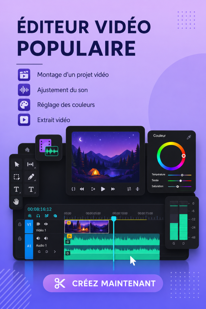 Femme ajustant le son et la couleur sur un logiciel de montage vidéo.