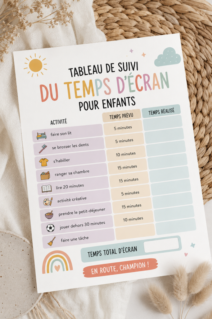Un tableau coloré de suivi du temps d'écran pour les enfants sur un bureau