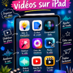 Une femme utilisant son iPad pour créer une vidéo, entourée de matériel de création.