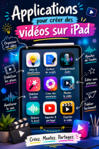 Une femme utilisant son iPad pour créer une vidéo, entourée de matériel de création.