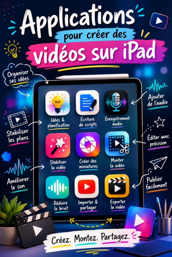 Une femme utilisant son iPad pour créer une vidéo, entourée de matériel de création.