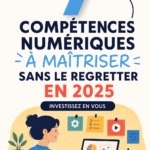 Femme portant des lunettes, entourée de technologies numériques, symbolisant les compétences digitales de 2025