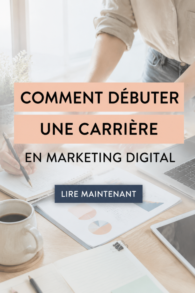 Femme professionnelle s'initiant au marketing digital avec des livres et un ordinateur.