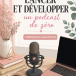 Femme entourée de matériel de podcasting, prête à enregistrer son podcast.