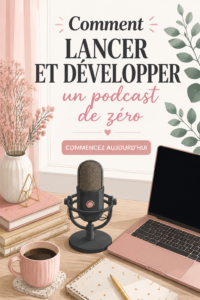 Femme entourée de matériel de podcasting, prête à enregistrer son podcast.