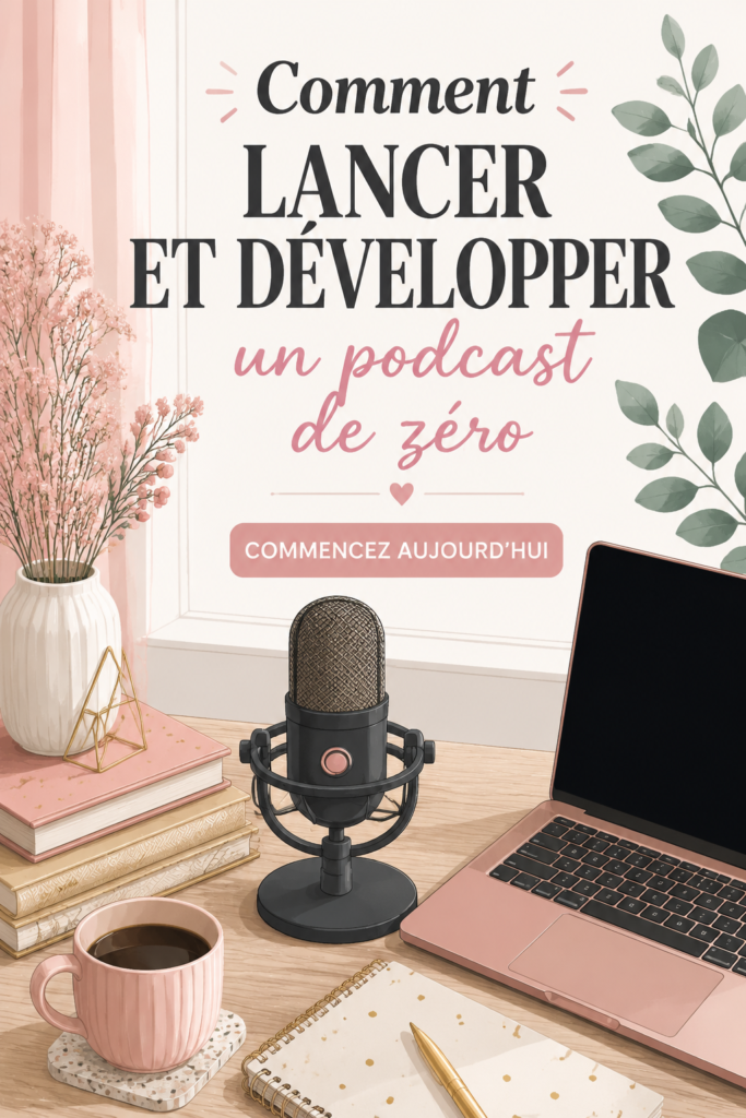 Femme entourée de matériel de podcasting, prête à enregistrer son podcast.