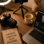 Femme souriante travaillant sur son ordinateur pour créer un blog personnel.