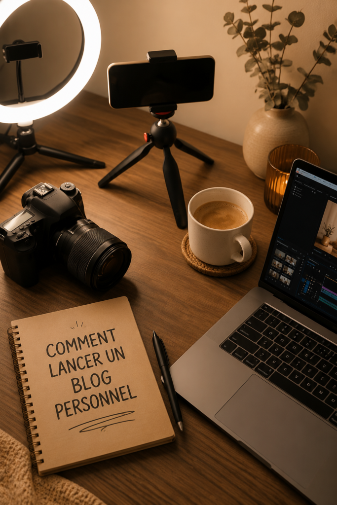 Femme souriante travaillant sur son ordinateur pour créer un blog personnel.