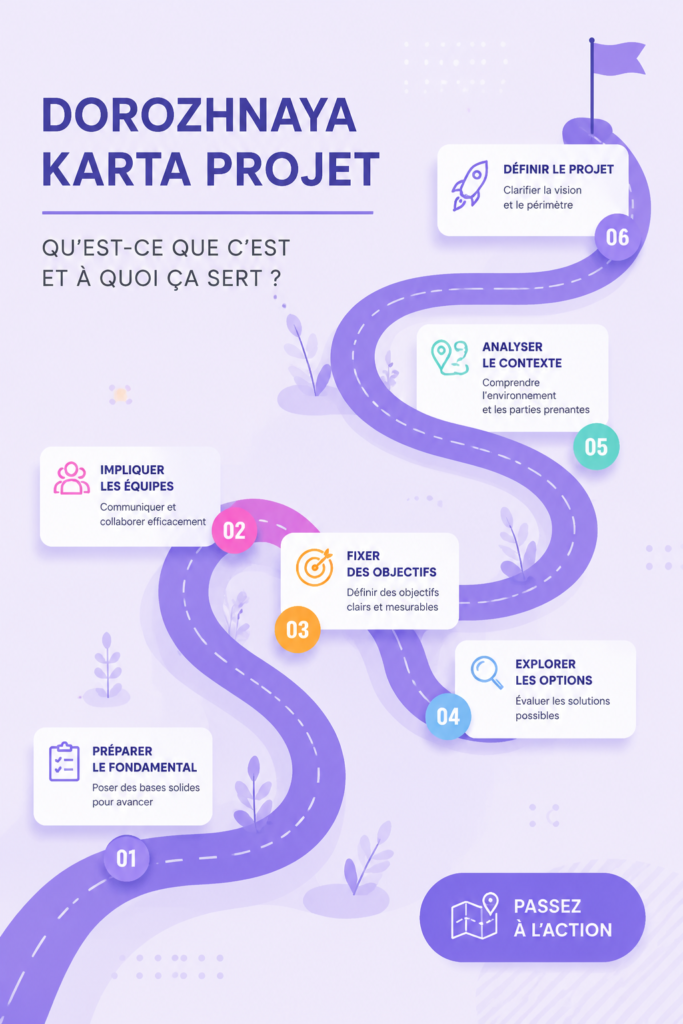 Illustration d'une feuille de route de projet avec des étapes clés.