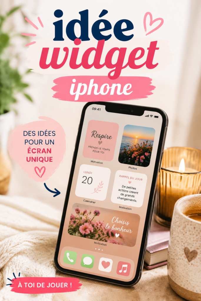 Écran d'accueil d'un iPhone avec différents widgets colorés et personnalisés