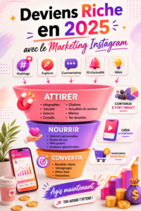 Une femme souriante utilisant Instagram sur son téléphone pour sa stratégie marketing.