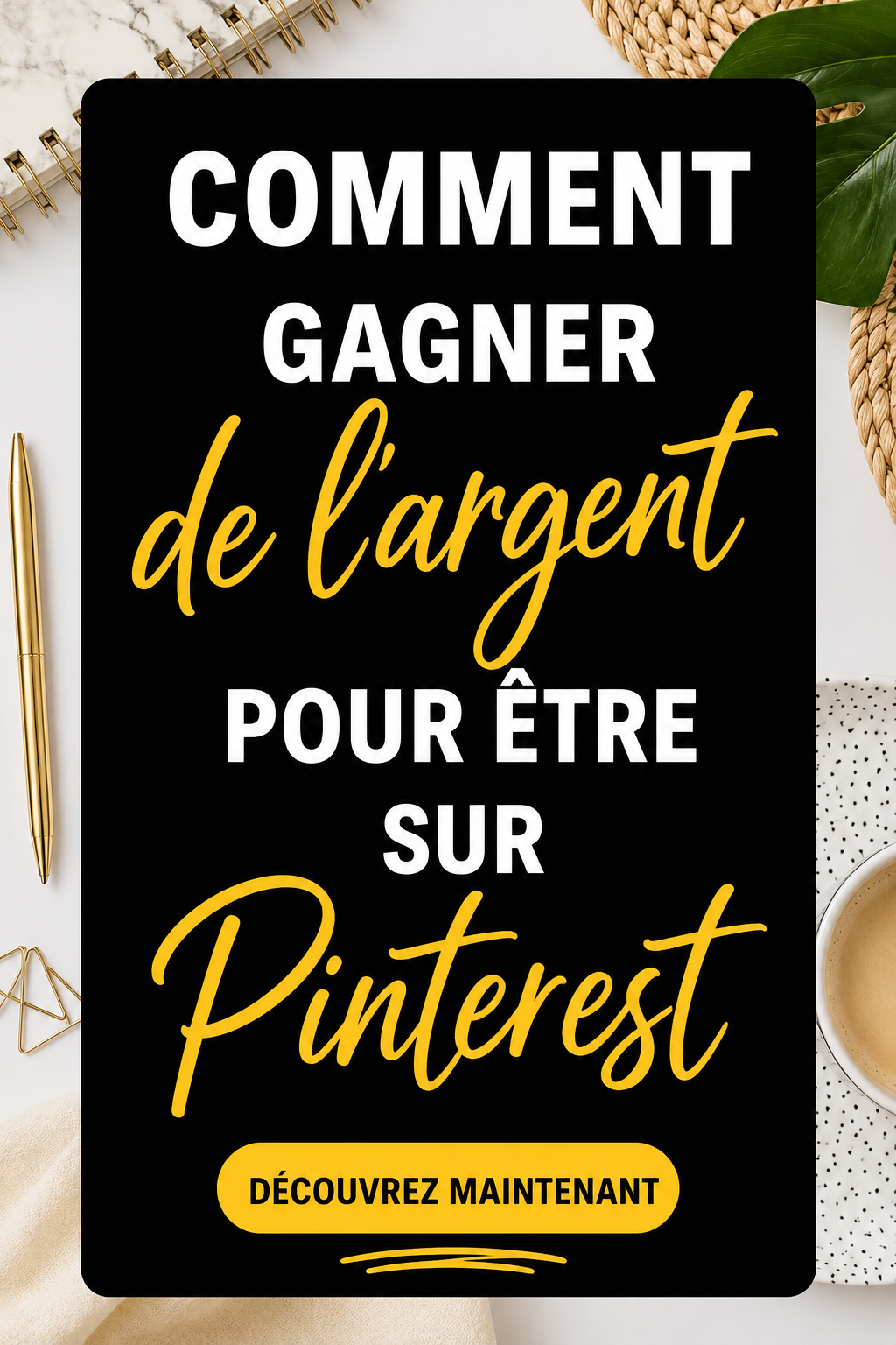Une femme explore des idées de monétisation sur Pinterest, entourée d'épingles créatives.
