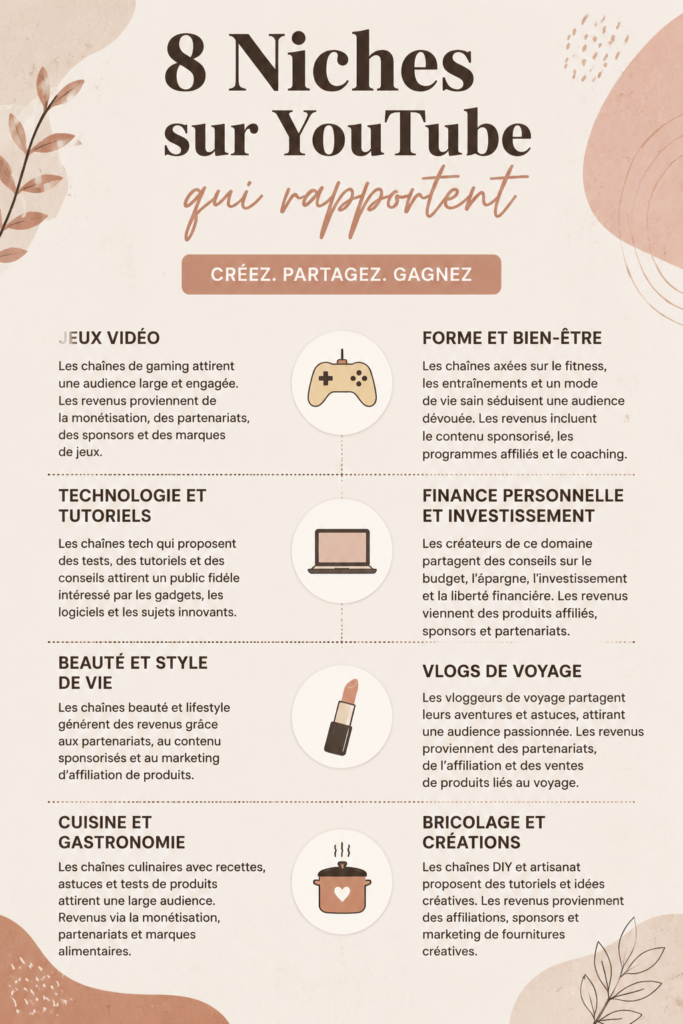 Un tableau montrant différentes niches YouTube rentables avec des statistiques de réussite