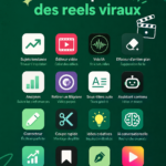 Femme utilisant un ordinateur portable pour créer des Reels, entourée d'outils numériques.