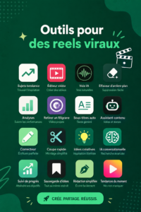 Femme utilisant un ordinateur portable pour créer des Reels, entourée d'outils numériques.