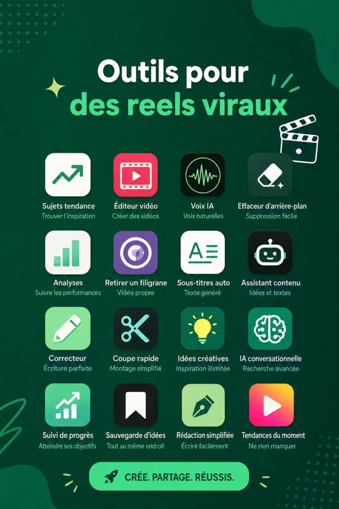 Femme utilisant un ordinateur portable pour créer des Reels, entourée d'outils numériques.