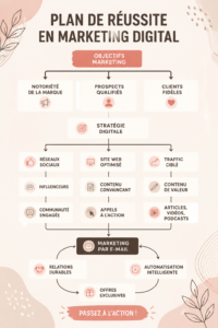 Femme travaillant sur son plan de marketing numérique avec un ordinateur et des notes.