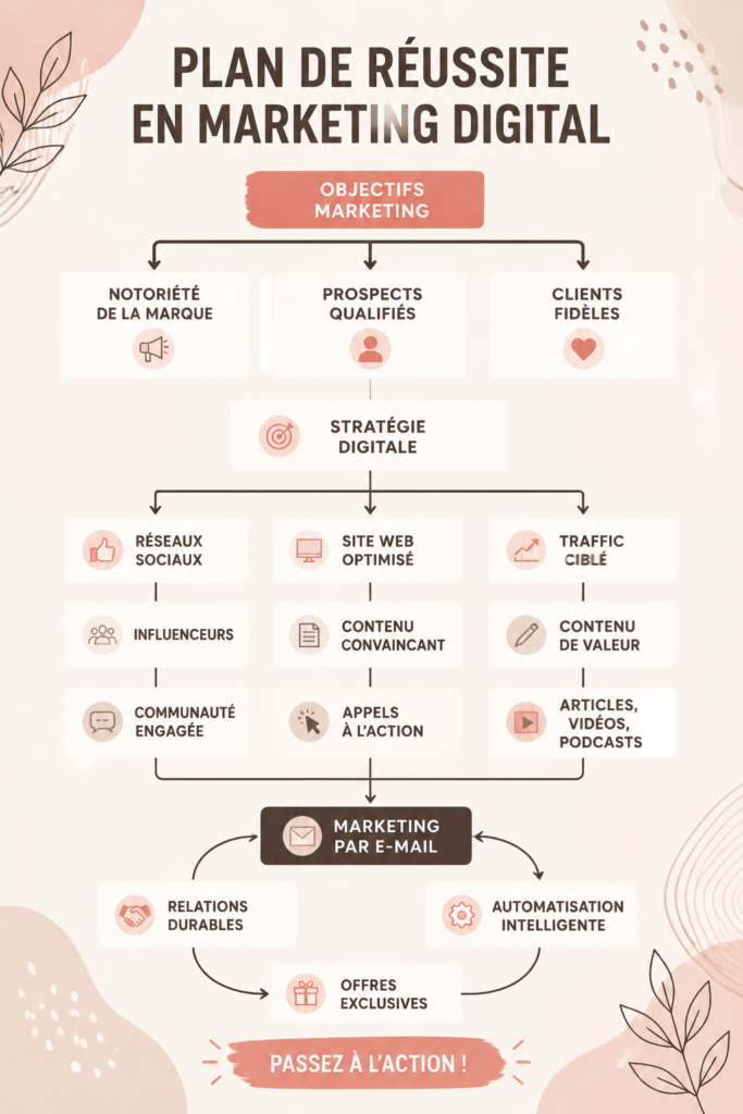 Femme travaillant sur son plan de marketing numérique avec un ordinateur et des notes.