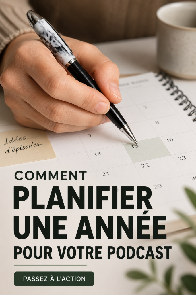 Femme avec un bloc-notes planifiant son calendrier de podcast
