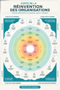 Illustration d'une équipe dans un cadre de travail collaboratif, représentant la réinvention des organisations.