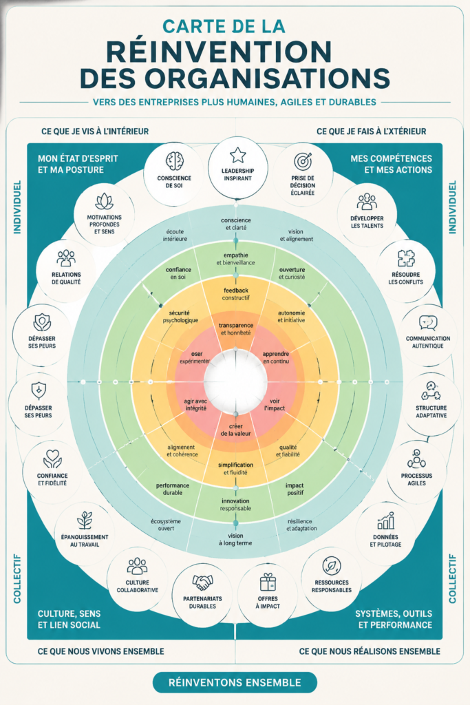 Illustration d'une équipe dans un cadre de travail collaboratif, représentant la réinvention des organisations.