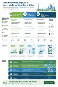 Illustration d'une ville connectée avec des services d'utilités numériques modernes.