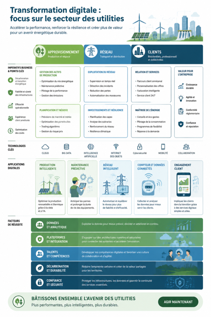 Illustration d'une ville connectée avec des services d'utilités numériques modernes.