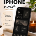 IPhone avec l'écran d'accueil personnalisé avec des widgets noirs élégants.