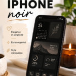 IPhone avec l'écran d'accueil personnalisé avec des widgets noirs élégants.