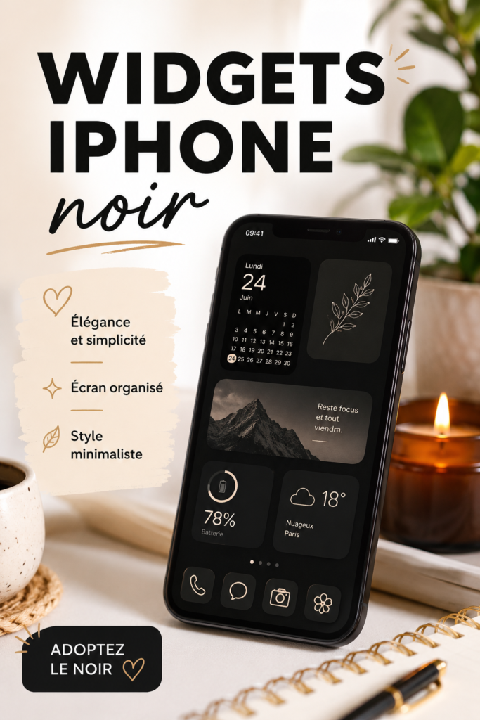 IPhone avec l'écran d'accueil personnalisé avec des widgets noirs élégants.