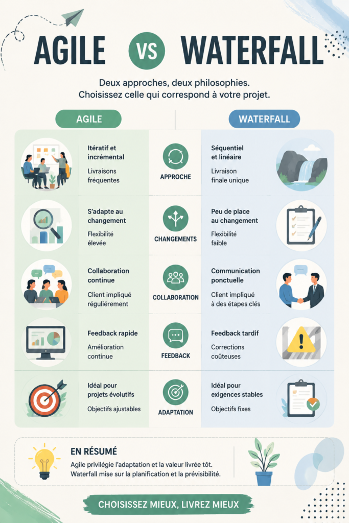 Illustration des méthodes Agile et Waterfall en gestion de projet