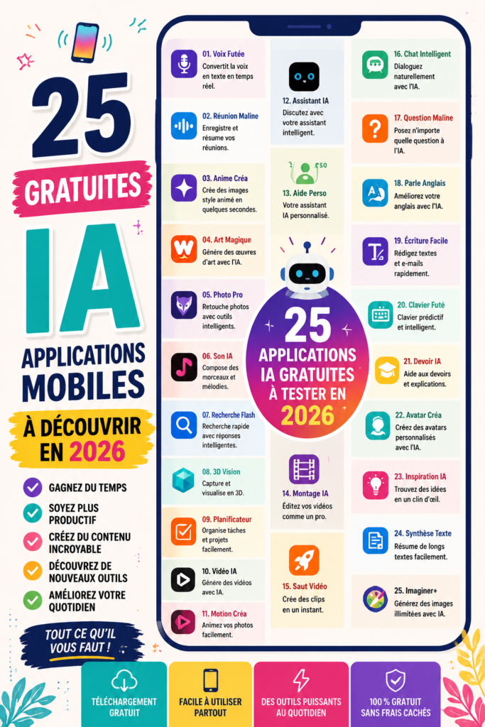 Capture d'écran d'une application IA sur un smartphone montrant ses fonctionnalités interactives.