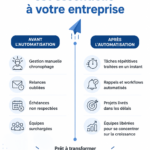Une femme souriante consultant des outils d'automatisation pour son entreprise