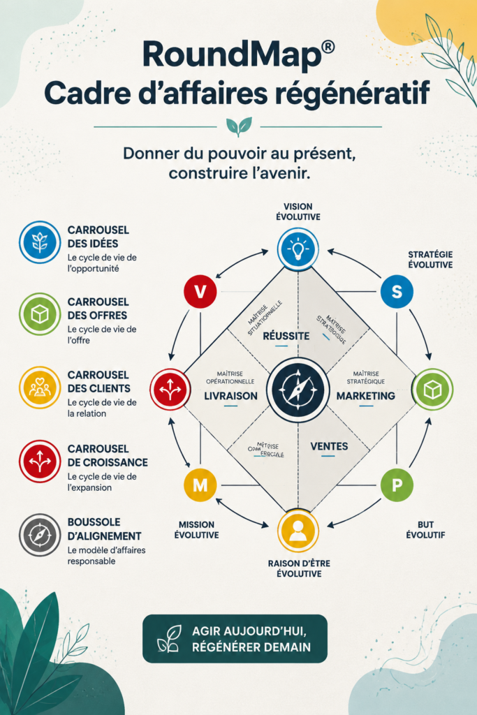 Visuel du cadre d'affaires régénératif RoundMap® illustrant l'innovation durable dans le monde des affaires.