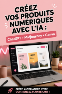 Femme utilisant un ordinateur pour créer des produits numériques avec des outils d'IA.
