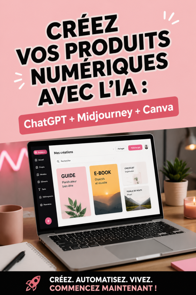 Femme utilisant un ordinateur pour créer des produits numériques avec des outils d'IA.