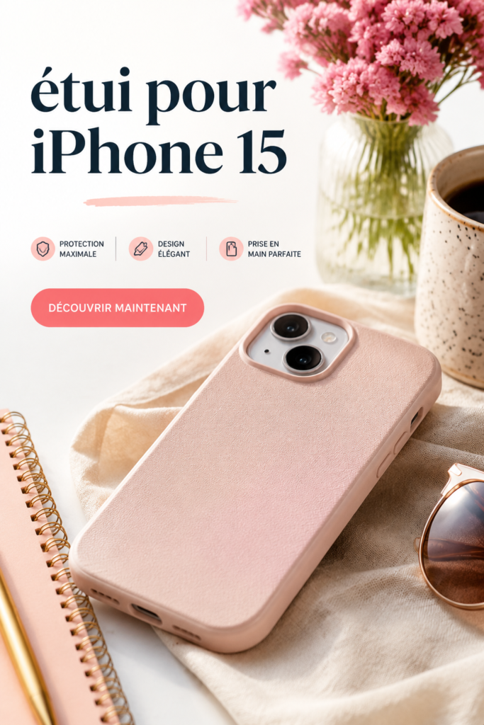 étui coloré pour iPhone 15 posé sur une table en bois