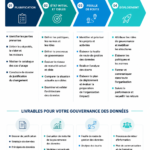 Une femme consultant un guide de gouvernance des données sur son ordinateur.