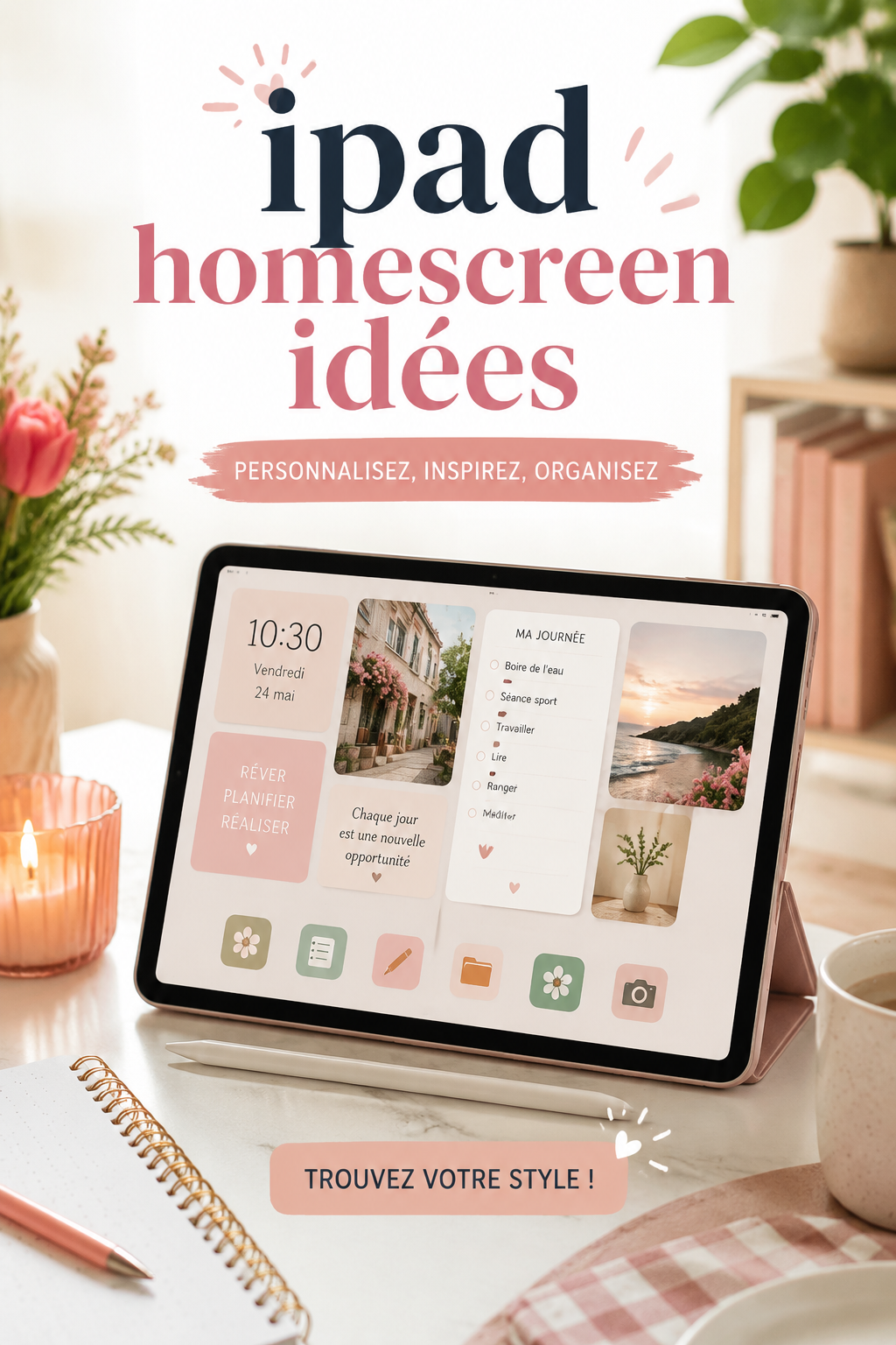Capture d'écran d'un iPad avec un écran d'accueil personnalisé et esthétique.