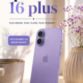 iPhone 16 Plus en noir sur un fond blanc, mettant en avant son design moderne et élégant.