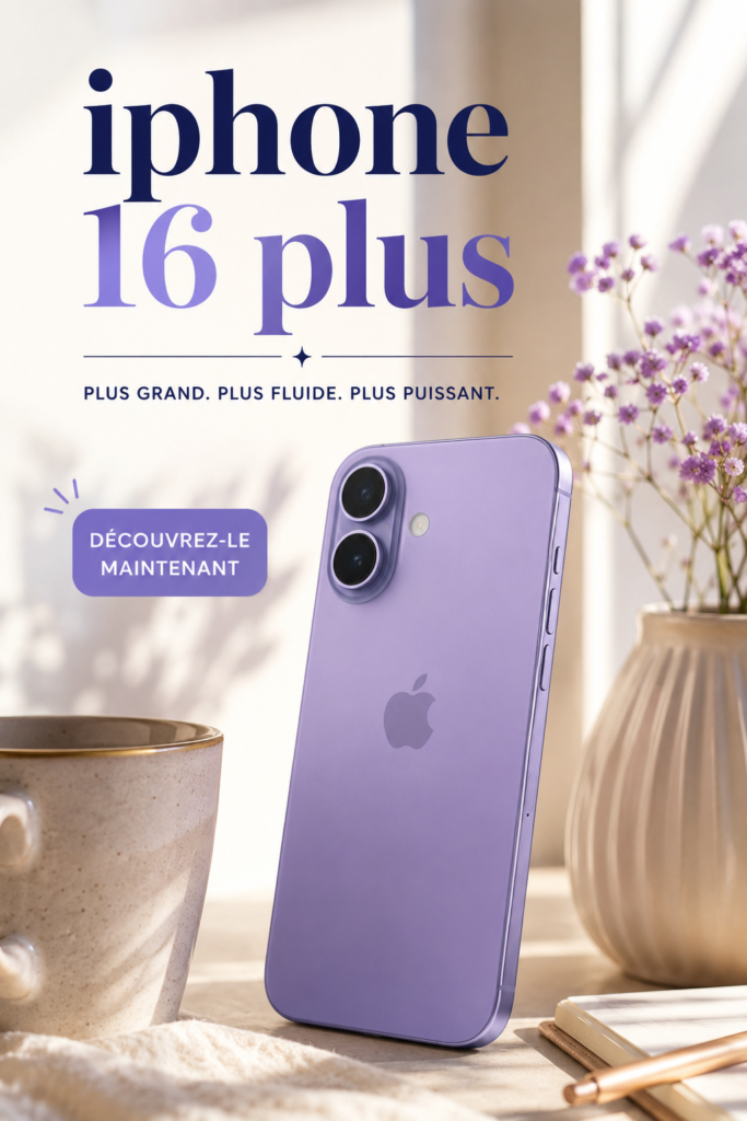 iPhone 16 Plus en noir sur un fond blanc, mettant en avant son design moderne et élégant.
